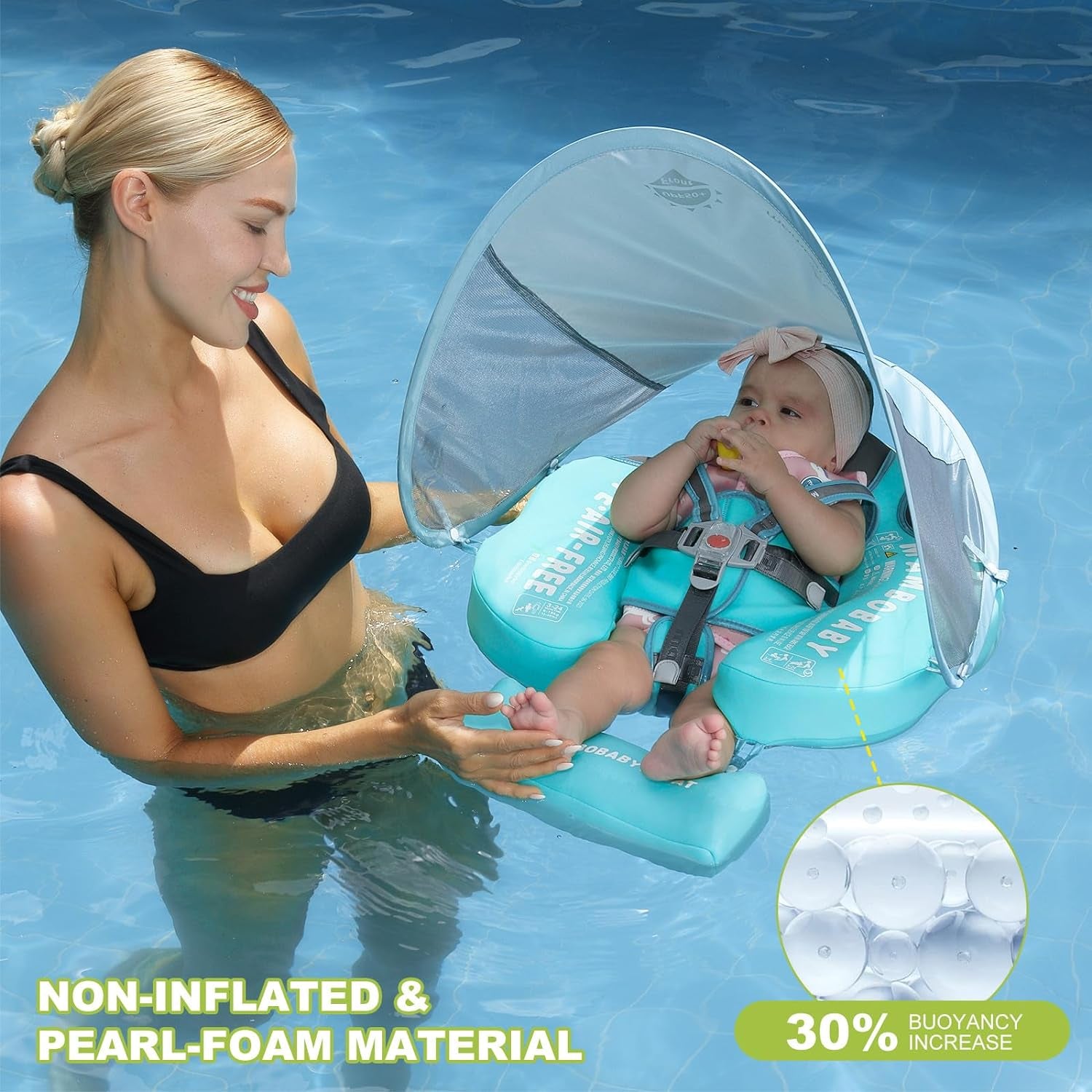 Baby Floats for Pool with Canopy Removable UPF 50+ UV Sun Protection Canopy Mambobaby Float Non Inflatable Upgrade Soft Waterproof Skin-Friendly Leather Material Infant Swim Float 3-24 Months