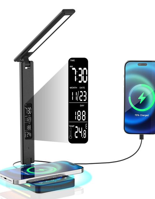 Load image into Gallery viewer, LED Desk Lamp with Wireless Charger, USB Charging Port, Night Light, Alarm, Date, Temperature, Dimmable Eye-Protecting Smart Lamp with Night Light for Study Reading Home
