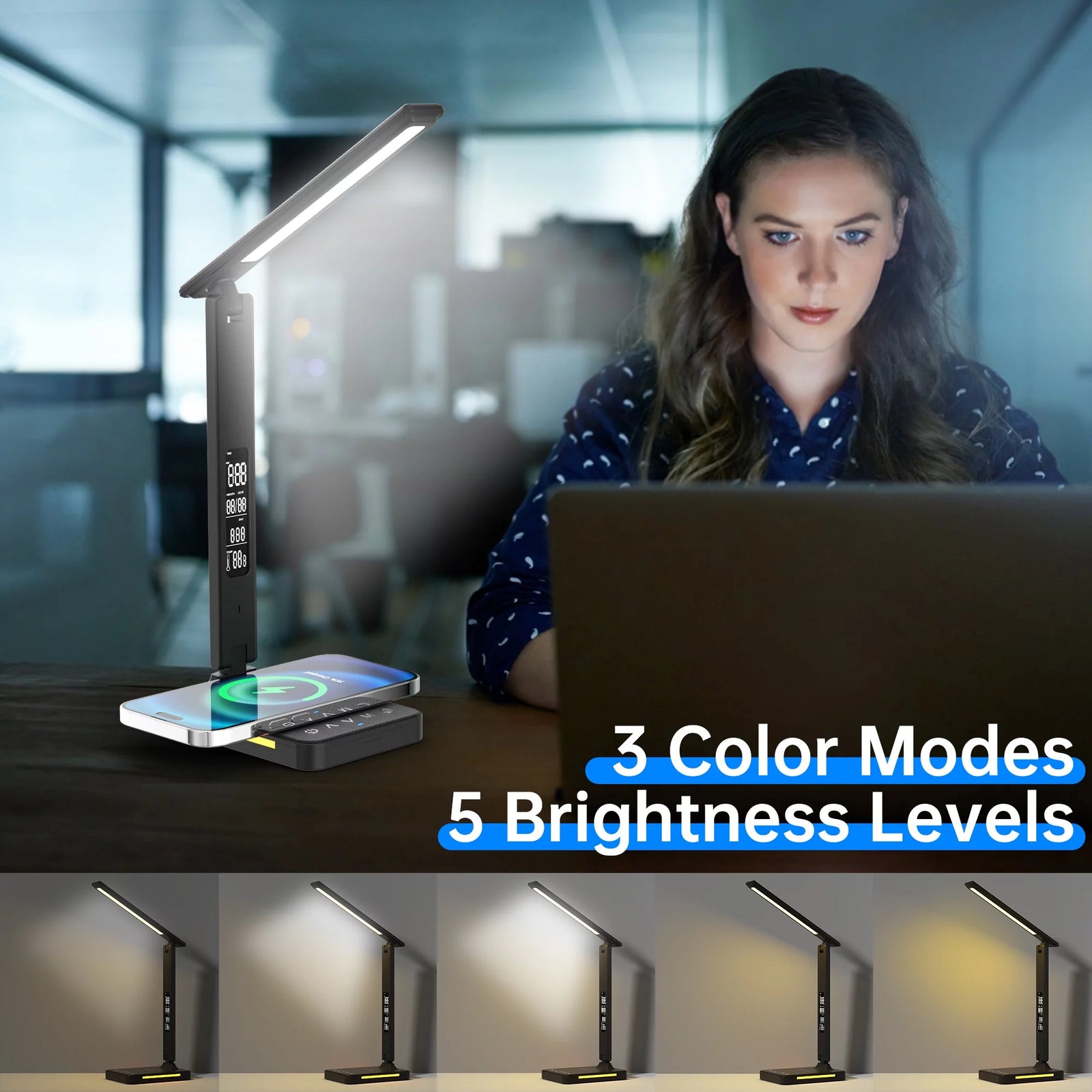 LED Desk Lamp with Wireless Charger, USB Charging Port, Night Light, Alarm, Date, Temperature, Dimmable Eye-Protecting Smart Lamp with Night Light for Study Reading Home