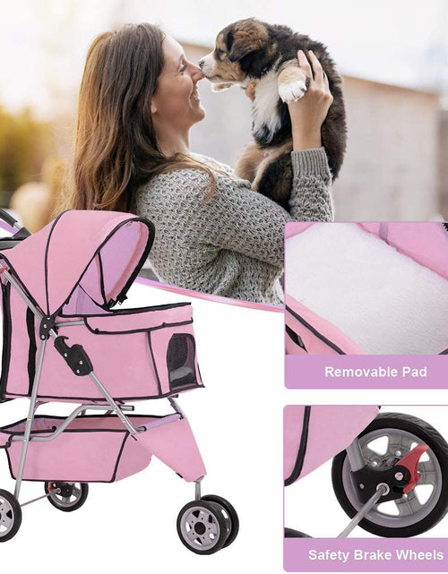 Load image into Gallery viewer, 3 Wheels Pet Stroller Dog Stroller Cat Cage Jogger Stroller Cats Travel Folding Carrier Waterproof Puppy Stroller with Cup Holder &amp; Removable Liner (Pink)
