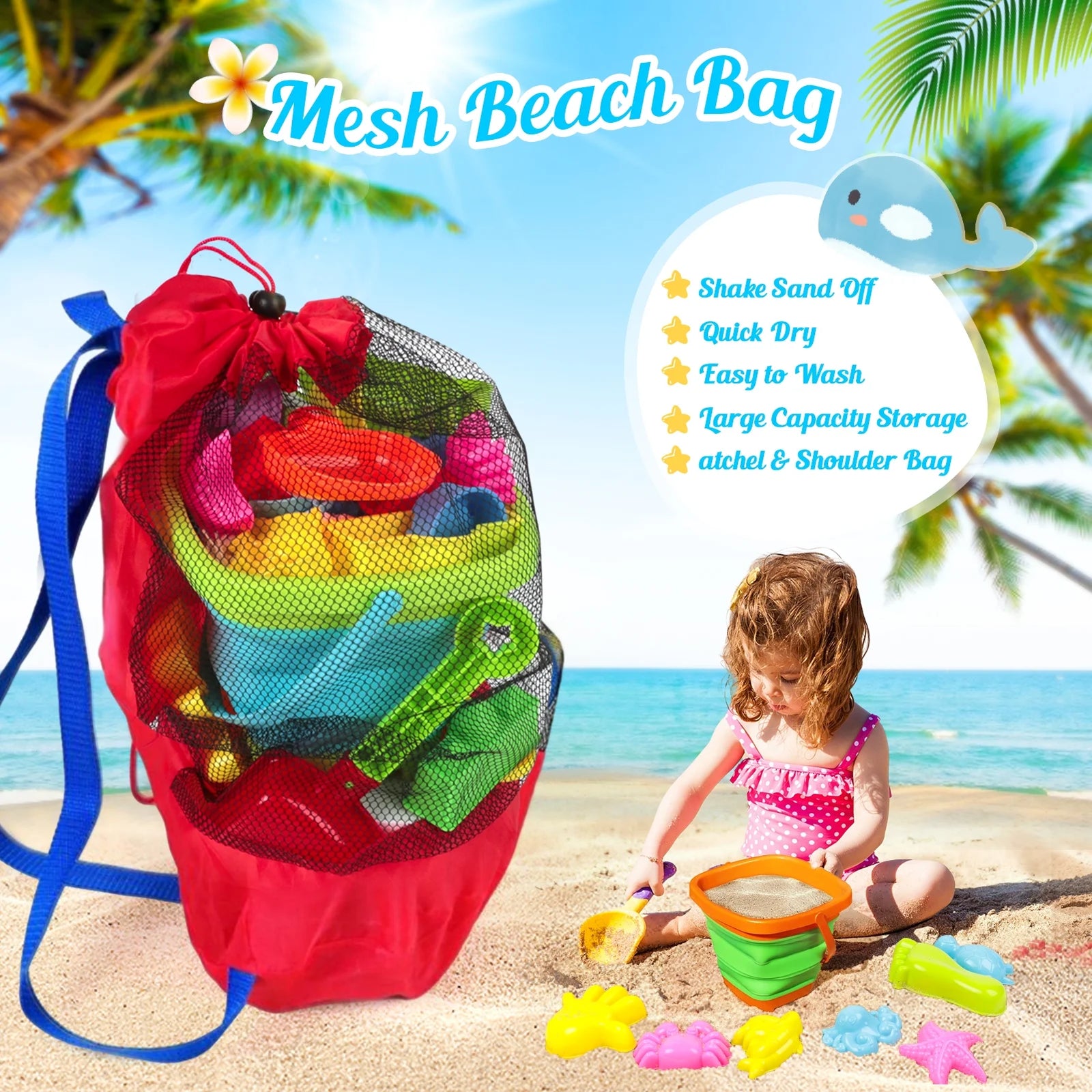 Sand Toys 35Pcs Beach Toys Sandbox Toys with Collapsible Sand Bucket& Mesh Beach Toy Bag, 4 Sand Tools, 18 Sand Molds, Sand Castle Kit for Girls Kids Ages 3-12