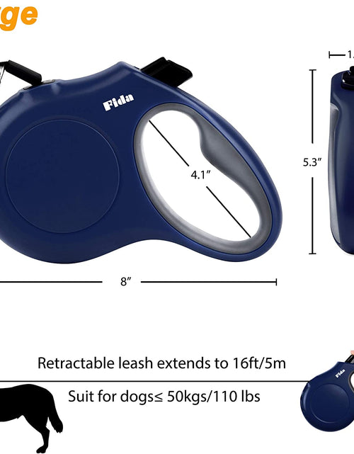 Load image into Gallery viewer, Retractable Dog Leash with Dispenser and Poop Bags, 16 Ft Pet Walking Leash for Large Dog up to 110 Lbs, Anti-Slip Handle, Tangle Free, Reflective Nylon Tape (L, Navy Blue)
