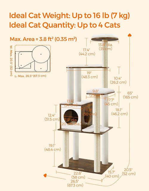 Load image into Gallery viewer, Woodywonders Cat Tree, 65-Inch Modern Cat Tower for Indoor Cats, Multi-Level Cat Condo with 5 Scratching Posts, Perch, Washable Removable Cushions, Cat Furniture, Rustic Brown UPCT166X01
