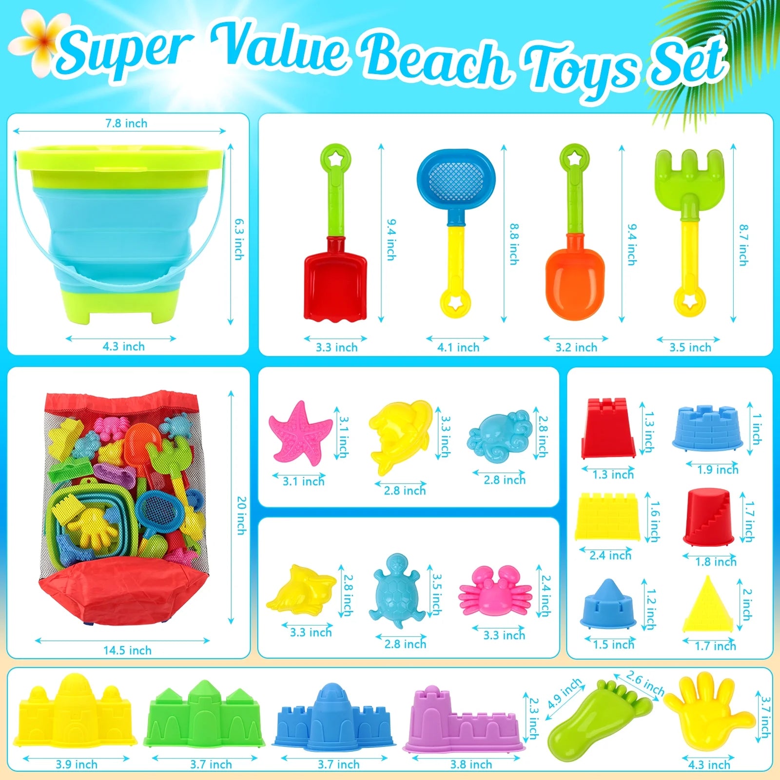 Sand Toys 35Pcs Beach Toys Sandbox Toys with Collapsible Sand Bucket& Mesh Beach Toy Bag, 4 Sand Tools, 18 Sand Molds, Sand Castle Kit for Girls Kids Ages 3-12